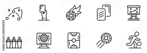 Modern Line Icons: Soccer Strategy, Gameplay, Refereeing, and Player Actions;  Clean, Minimalist Style; Dynamic and Energetic Mood.