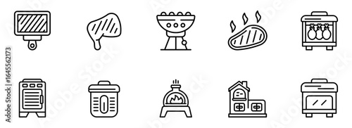 Collection of Minimalist Line Art Icons:  Grilling, Roasting, Baking, and Cooking Appliances; Simple, Modern, and Clean Design Style; Perfect for Culinary Websites, Blogs, or Recipe Apps.