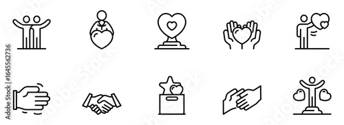 Collection of minimalist line art icons depicting love, charity, partnership, and community; positive, supportive, and hopeful mood; ideal for websites, apps, and social media.