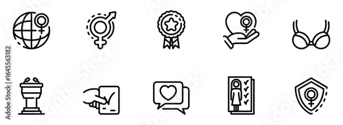 Global Female Empowerment:  Modern Line Icons Set;  Gender Equality,  Achievement,  Love,  Protection,  and Female Health;  Vector Illustration.