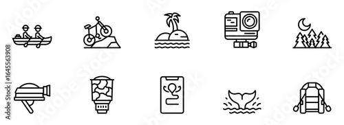 Adventure Activities Icon Set: Minimalist Line Art Graphics for Travel, Exploration, and Outdoor Recreation Websites or Mobile Apps.