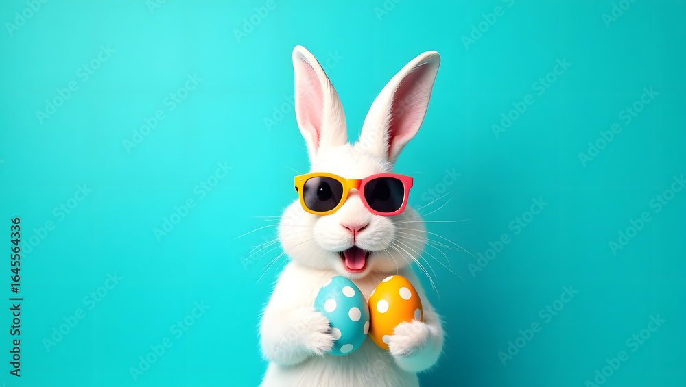 Fototapeta premium Cute White Easter Bunny Figurine with Sunglasses and Colorful Eggs on Teal Background