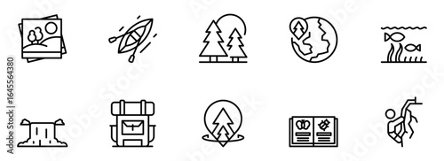 Modern minimalist line icons depicting adventure, travel, nature, and exploration; perfect for website design, app interfaces, or travel brochures.