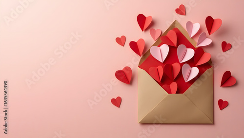 Envelope with Red Paper Hearts for Valentine’s Day Love Message Concept

