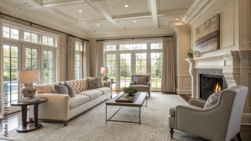 Luxury Living Room Interior Design Coffered Ceiling, French Doors, Fireplace, Beige Sofa, Area Rug, Interior Design, Home Decor Interior Design