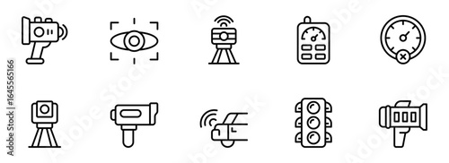 Modern Technology Icons:  Wireless Surveillance, Speed Monitoring, and Traffic Control Line Art Set for Web and App Design.