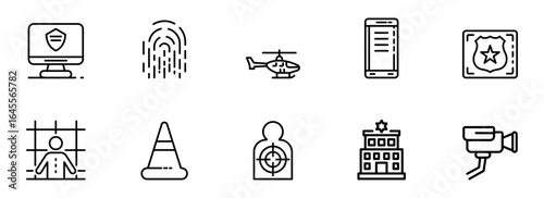 Modern Line Art Icons: Security, Surveillance, Law Enforcement, and Crime Prevention Symbols for Website or App Design.