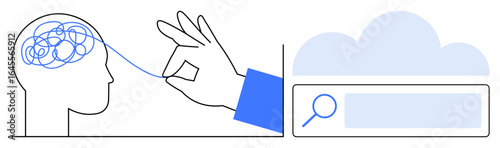 Hand untangling brain lines, connecting to cloud with search bar. Ideal for problem-solving, mental clarity, innovation, online solutions, mindfulness, information technology, simple landing page