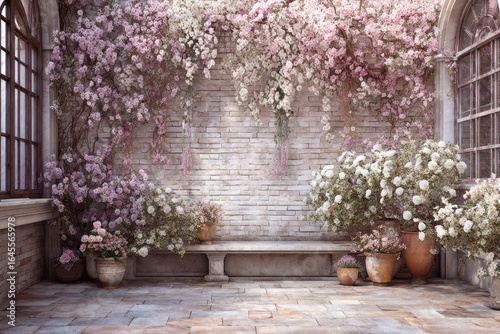 Sunlit conservatory with stone floor, brick wall, and overflowing pink and white flowering plants in terracotta pots; a stone bench sits center