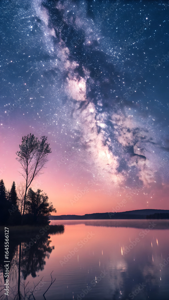 Fototapeta premium Milky Way over still water at sunrise