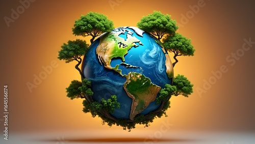 Green Earth globe with lush trees and a world map on a grassy field, symbolizing a global commitment to nature and ecology