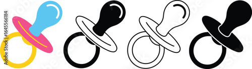 Colorful and monochrome pacifiers, baby essentials, infant care tools, soothing accessories, nursery items, child comfort products, parenting must-haves.