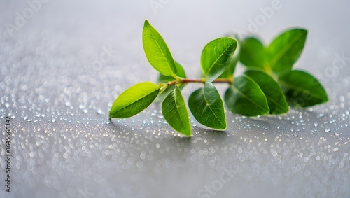 Fresh green leaf with glistening water drops against a white background, capturing the essence of spring and natural growth
