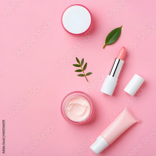 A glamourous pink makeup set with various cosmetics and brushes for facial beauty and care