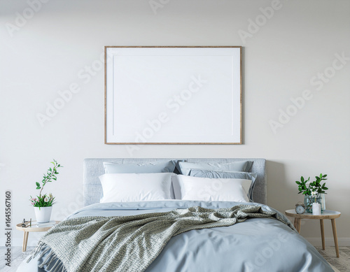 Mockup frame pôster, formato único, quarto de casal com decoração minimalista, tons suaves., quadros decorativos, quadros fineart.