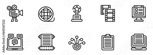 Filmmaking and Content Creation:  Modern Line Icons Set;  Award, Camera, Film Reel, Script,  Online Collaboration,  Video Distribution,  Professional and Clean Style.