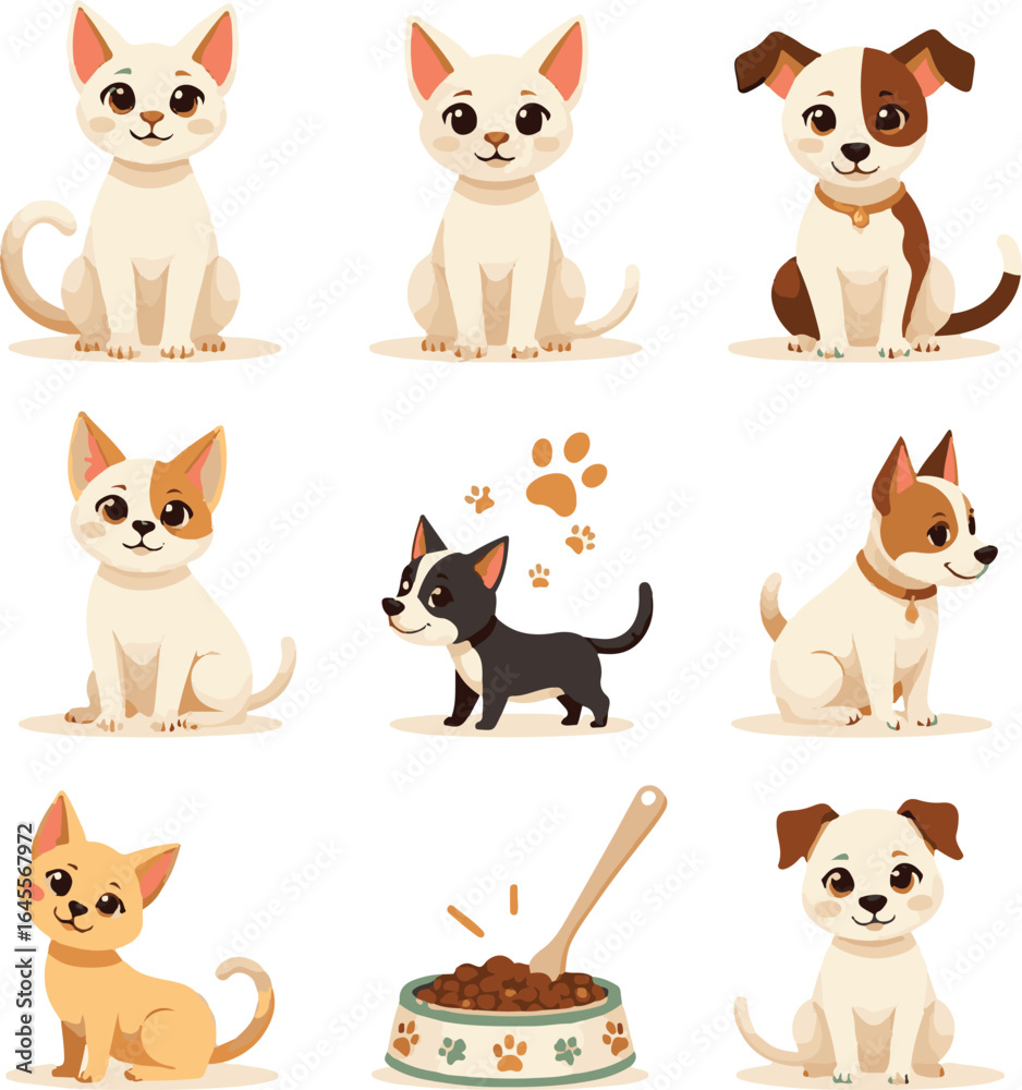 Fototapeta premium Vector icon set featuring curious Sphynx cats, playful Jack Russell dogs, assorted paw prints, classic pet toys,