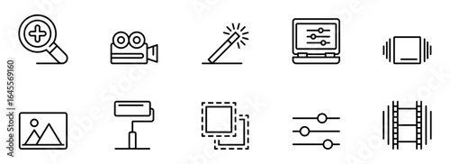 Modern Minimalist Line Icons: Video Editing, Audio Production, Image Enhancement, and Content Creation Tools.