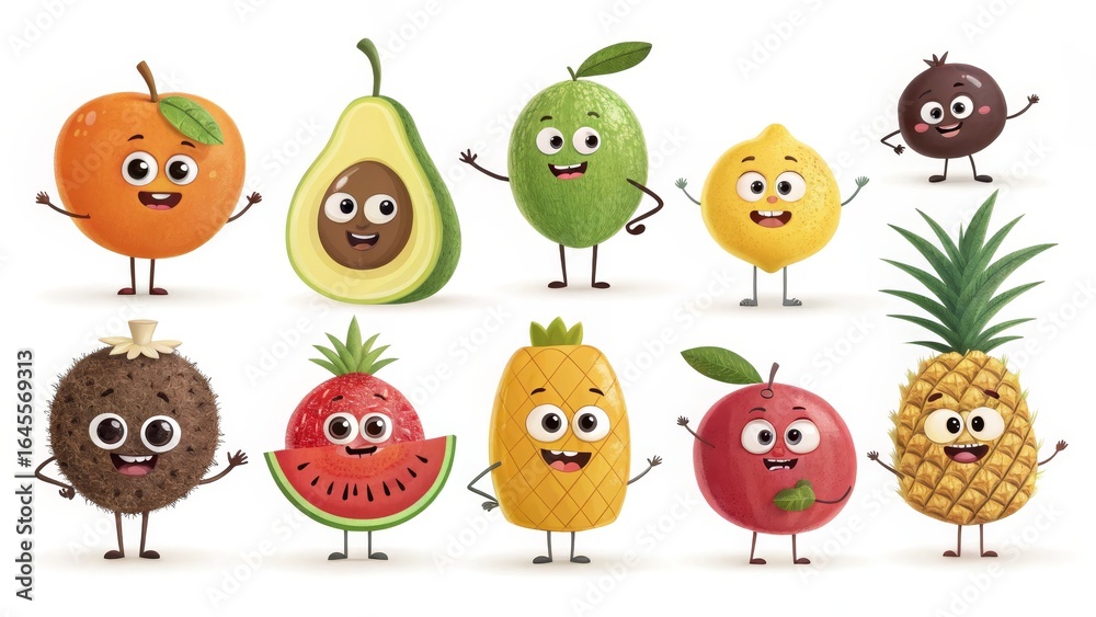 Fototapeta premium Cartoon Fruit Characters 3D Render, Cute Expressions, Ten Fruits, Illustration. Fruit, Cartoon