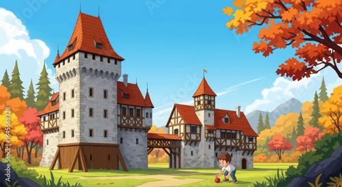 charming autumnal castle scene a boy plays near a medieval fortress perfect for childrens books fairytales or fantasy game design