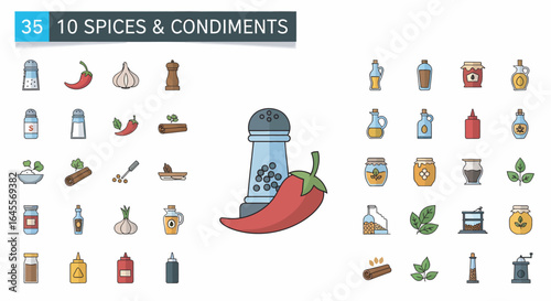 Colorful icons depicting various spices, condiments, and seasonings; a chili pepper and salt shaker featured prominently.