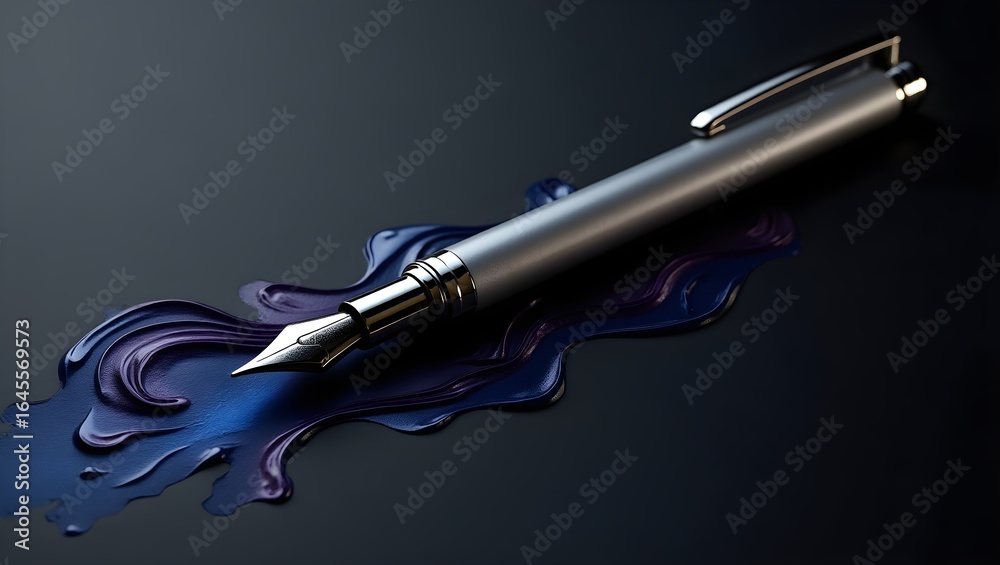 Naklejka premium A sleek silver luxury pen lies diagonally on a glossy