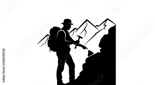 conquer challenges silhouette of a determined hiker examining rocky terrain in mountainous landscape ideal for adventure exploration and success themes