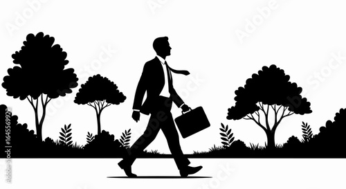 businessman walking towards success a silhouette illustration of a confident professional striding through a tranquil park setting representing growth achievement and a balanced worklife harmony