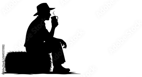 silhouette of a farmer enjoying a welldeserved coffee break on a hay bale rural life tranquility and hard work