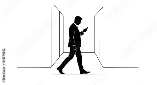 businessman navigating corporate corridor focused on mobile communication solving challenges onthego
