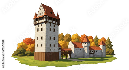 medieval castle tower and autumnal courtyard perfect for fairytale history or fantasy game design