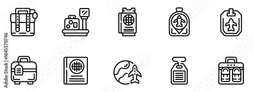 Modern Line Icons: Travel, Airport, Luggage, Passport, Tickets,  Boarding Pass, Location,  Global Journey,  Flat Design,  Simple Style,  Clean Minimalist Aesthetic.