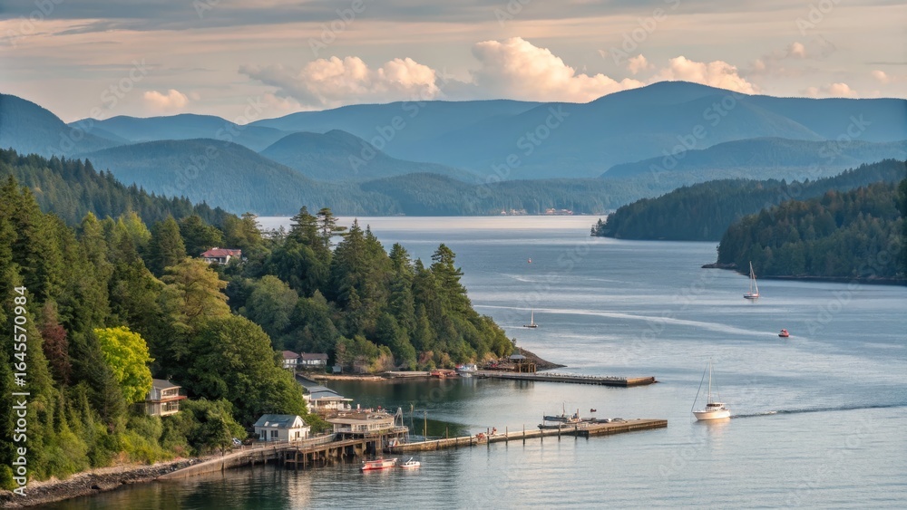 Fototapeta premium Secluded Coastal Inlet Aerial View of Homes, Boats and Mountains, Landscape Photography, West Coast, British Columbia West Coast, British Columbia