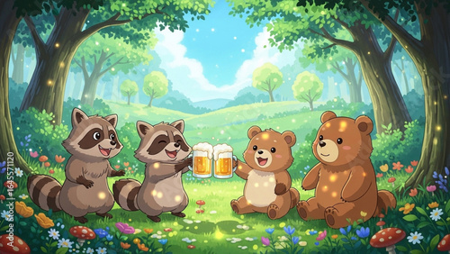 Animated woodland creatures celebrating with beer amidst a vibrant, sunlit forest scene filled with flowers, creating a joyful, whimsical atmosphere