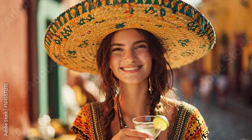 Woman in mariachi costume drinking tequila