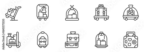 Ten Line Icons: Luggage Carts, Hotel Bellhop Service, Suitcases, Bags; Simple, Black Line Art; Travel, Hotel, and Transportation Concept.