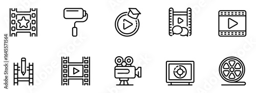 Collection of ten minimalist black line icons depicting film production, video editing, and online education;  perfect for website banners, app interfaces, or educational presentations.