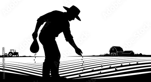 farmer sowing seeds a black and white silhouette illustration of agricultural planting and growth for farm agriculture and food production concepts