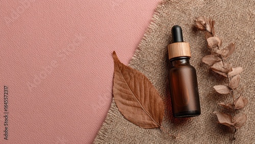 Amber glass dropper bottle on burlap, beside dried leaf and eucalyptus sprigs, on a blush pink background