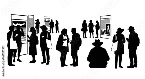 networking event silhouettes of attendees engaged in discussions and viewing presentations at a conference or trade show