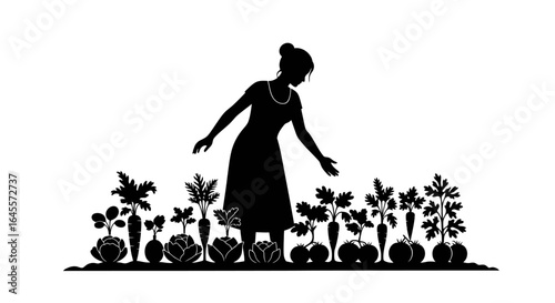 woman tending her vibrant vegetable garden a silhouette illustration of sustainable farming and healthy harvest