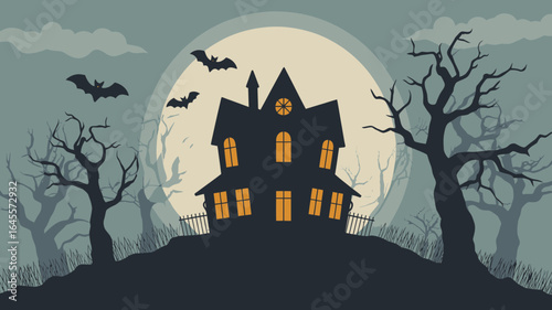 Vector illustration of a silhouetted haunted house on a hill with glowing orange windows, a full moon, bats, and gnarled trees in a dark Halloween scene