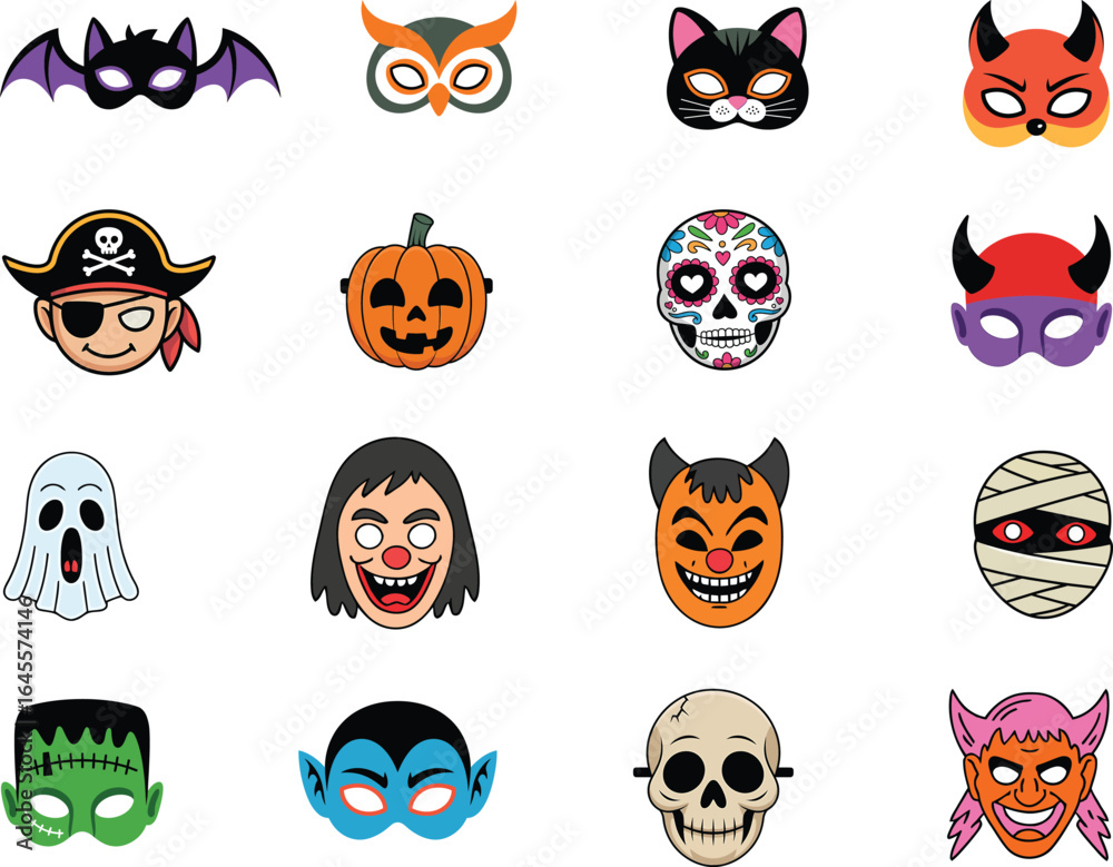 Fototapeta premium halloween mask collection. vector set of spooky character faces for kids costume party and carnival