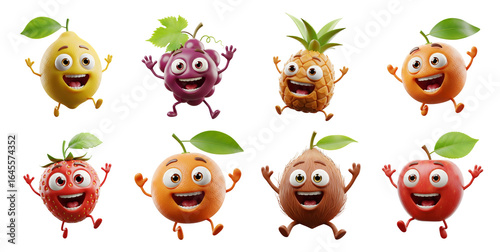 Eight cheerful, 3D-rendered cartoon fruits—lemon, grapes, pineapple, apricot, strawberry, orange, coconut, and apple—leap joyfully transparent background mascot character set . Joyful Jumping Fruit 