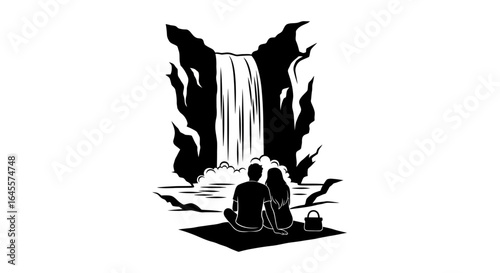 romantic couples peaceful waterfall picnic black and white illustration perfect for travel blogs relaxation themes and couples lifestyle websites