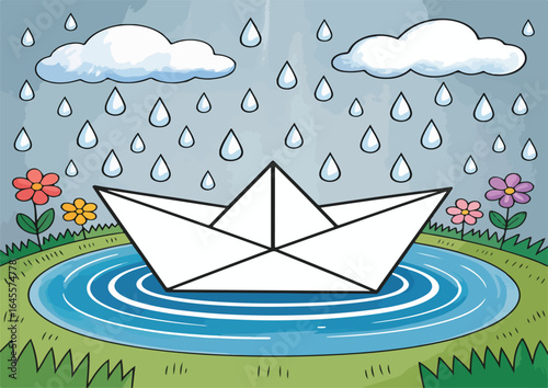A vector illustration of an origami paper boat sailing on the sea with a blue sky