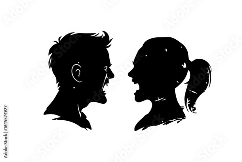 Two figures, silhouetted, arguing, faces contorted in anger.
