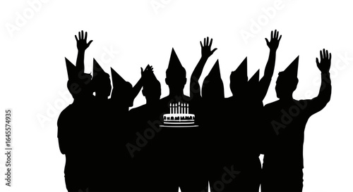 celebrate success silhouette of a joyful group celebrating with a birthday cake perfect for event invitations milestone achievements or team success visuals