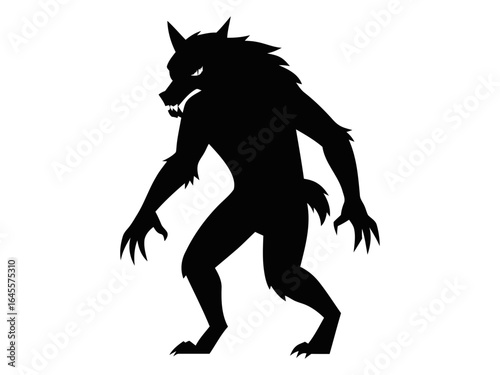 Fearsome werewolf silhouette, menacing stance.
