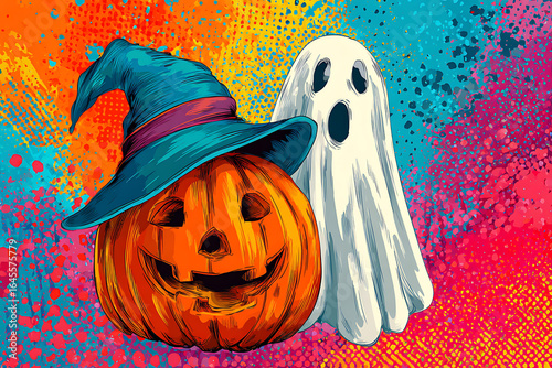 Colorful Halloween scene featuring a carved pumpkin with a witch hat and a ghost against a vibrant background